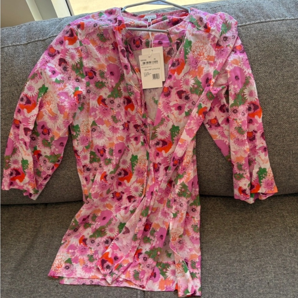 Ganni Light Cotton Blouse in Pink and Orange Floral
